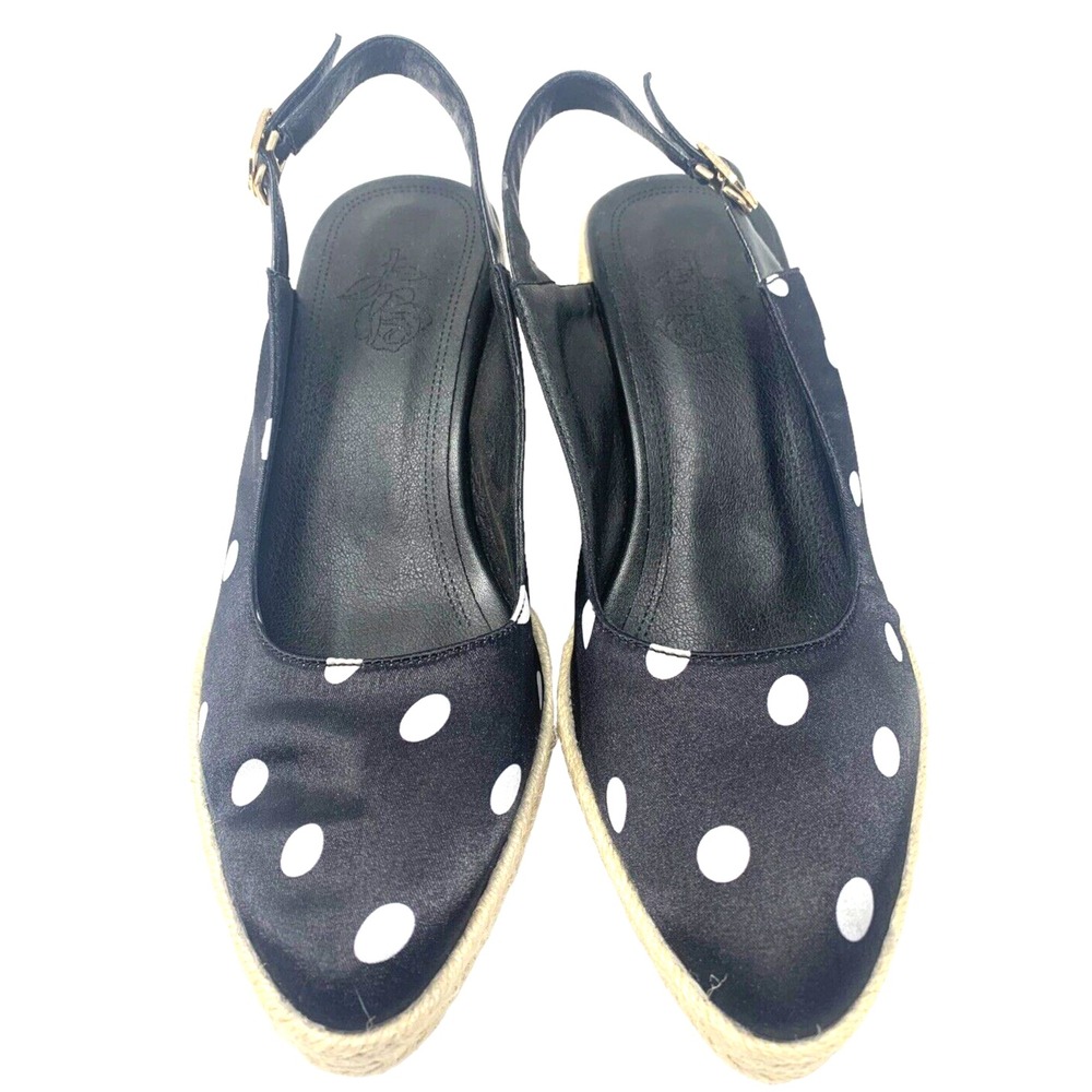 Women Black White Polka Dot Satin Slingback Espadrille Wedge Heels Size 7.5